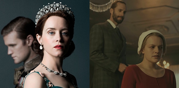 L to R: Matt Smith as Prince Phillip and Claire Foy as Queen Elizabeth II on Netflix's "The Crown." Joseph Fiennes as The Commander and Elisabeth Moss as Offred in Hulu's "The Handmaid's Tale."
