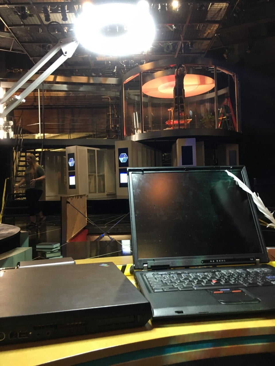 One of the desks featured in 'Life of Galileo' waits downstage for placement while our tech crew readies other scenic elements for the evening's tech rehearsal.
