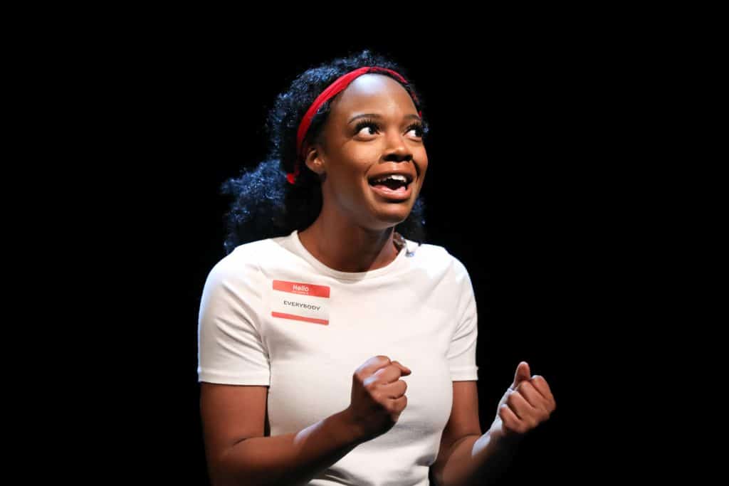April Mae Davis as the title character in EVERYBODY at PlayMakers. By Branden Jacobs-Jenkins. Directed by Orlando Pabotoy. HuthPhoto.