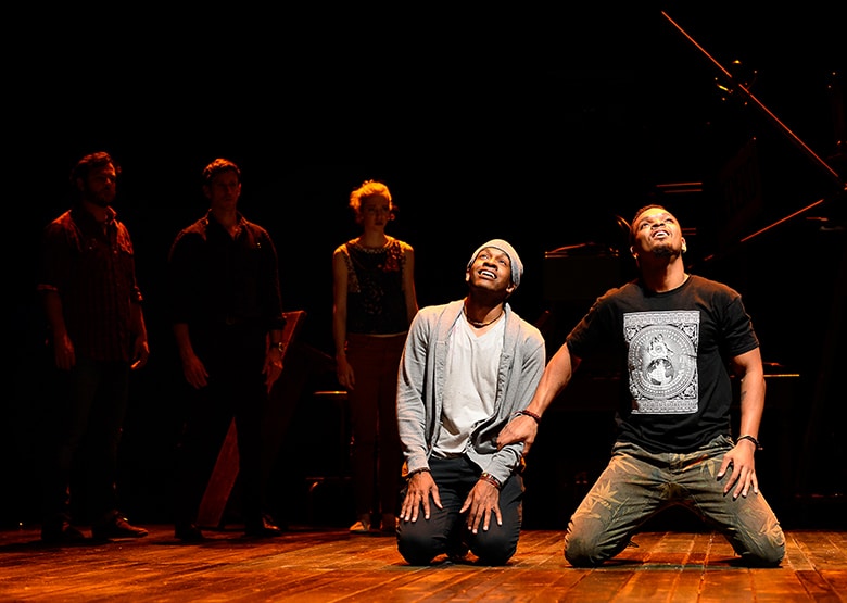 Genesis Oliver and Myles Bullock in foreground. Nathaniel Kent, Schuyler Scott Mastain and Carey Cox in background. Photo by Jon Gardiner.