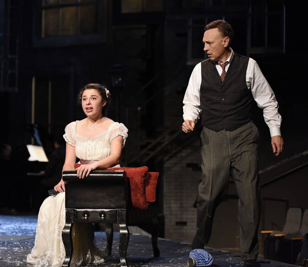 In PlayMakers' 2017 production of 'My Fair Lady,' Eliza Doolittle (Mia Pinero) discovers the power of language to give her agency, as her teacher, Henry Higgins (Jefrey Blair Cornell), looks on gobsmacked. Photo by HuthPhoto