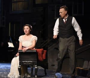In PlayMakers' 2017 production of 'My Fair Lady,' Eliza Doolittle (Mia Pinero) discovers the power of language to give her agency, as her teacher, Henry Higgins (Jefrey Blair Cornell), looks on gobsmacked.