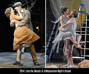 L to R: Garrett Long and Jeffrey Meanza as The Bakers Wife and the Baker, Lisa Birnbaum as Titania and Zachary Fine as Oberon in PlayMakers Repertory Company's 2014 rotating repertory of "Into the Woods" and "A Midsummer Night's Dream." Photos by Jon Gardiner.