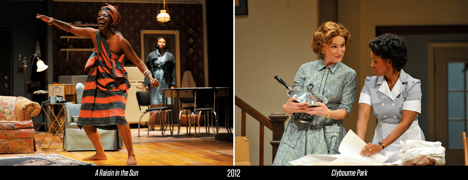 Miriam A. Hyman as Beneatha Younger; Constance Macy as Bev and Rasool Jahan as Francine in PlayMakers Repertory Company's 2012 rotating repertory of "A Raisin in the Sun" and "Clybourne Park." Photos by Jon Gardiner.
