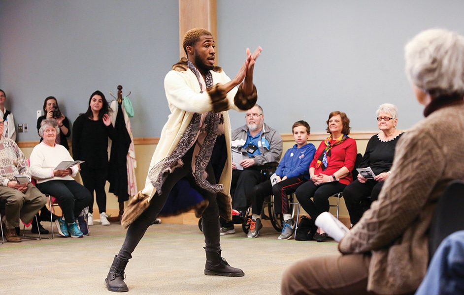 Tristan Parks leads the cast as the Chorus of 2016/17 PlayMakers Mobile's 'Measure for Measure' at the Durham County Public Library. (HuthPhoto)