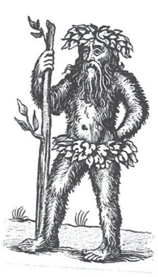 A woodcut image of a mythical Wildman of medieval Europe.