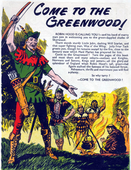 A graphic novel, pen-and-colored-ink illustration of the Robin Hood story.