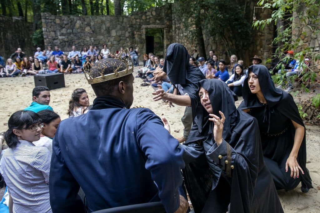 PlayMakers Repertory Company performs Shakespeare's Macbeth at Forest Theatre on October 5, 2018, on the campus of the University of North Carolina at Chapel Hill. The performance was a part of the PlayMakers Mobile series in which five actors present an abbreviated version of the play. (Johnny Andrews/UNC-Chapel Hill)