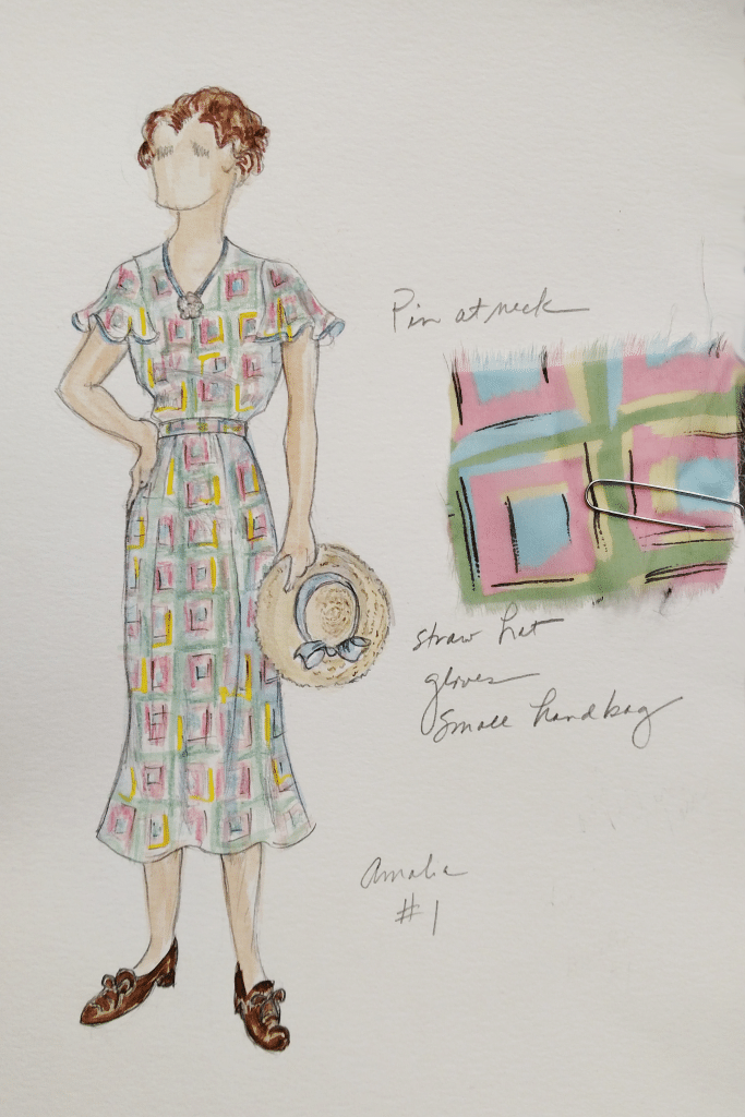 For each costume design, Bobbi Owen draws detailed sketches of each look, paying close attention to those that will be made to order, couture pieces.