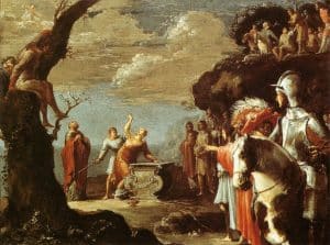 Agamemnon sacrifices his daughter, Iphigenia, to free his army to sail for Troy. Detail from “The Sacrifice of Iphigenia” by Leonaert Bramer (1596-1674)