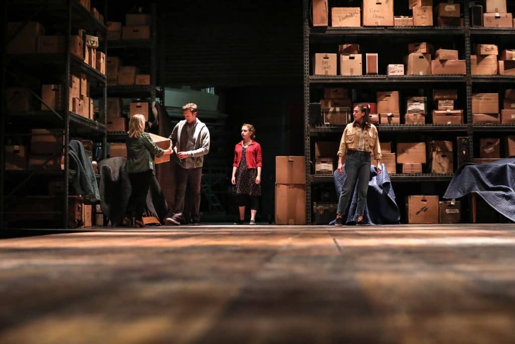 Julia Gibson as Li'l Bit with and her Greek Chorus (Dan Toot, Gabriella Cila, and Emily Bosco) begin to unpack her memories in "How I Learned to Drive" at PlayMakers Repertory Company. (Photo by HuthPhoto)