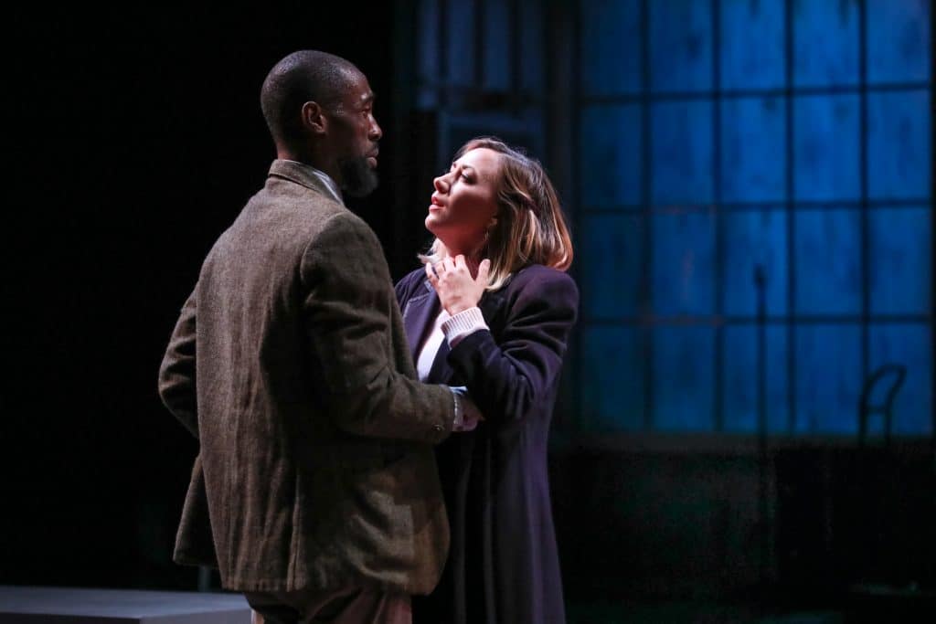 Brandon Herman St. Clair Haynes as Bigger Thomas and Sarah Elizabeth Keyes as Mary Dalton in Nambi E. Kelley’s “Native Son” at PlayMakers Repertory Company. (HuthPhoto)