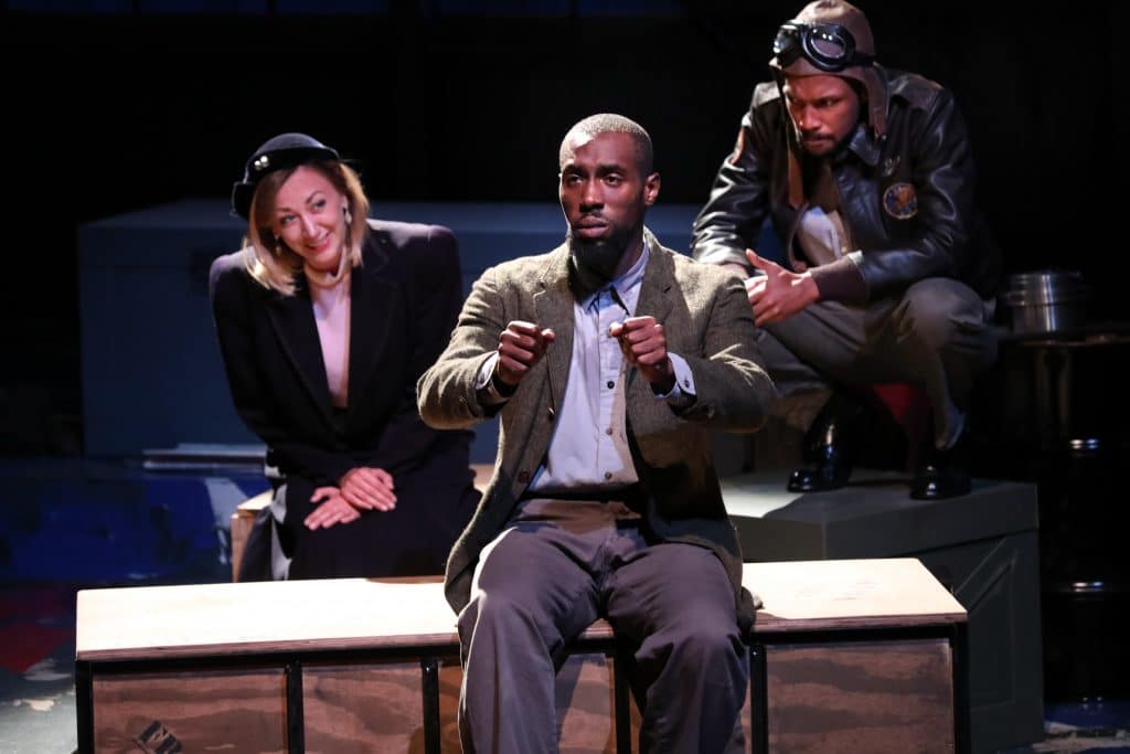 Brandon Herman St. Clair Haynes as Bigger Thomas with Sarah Elizabeth Keyes and Brandon J. Pierce as Mary Dalton and The Black Rat in Nambi E. Kelley’s “Native Son” at PlayMakers Repertory Company. (HuthPhoto)