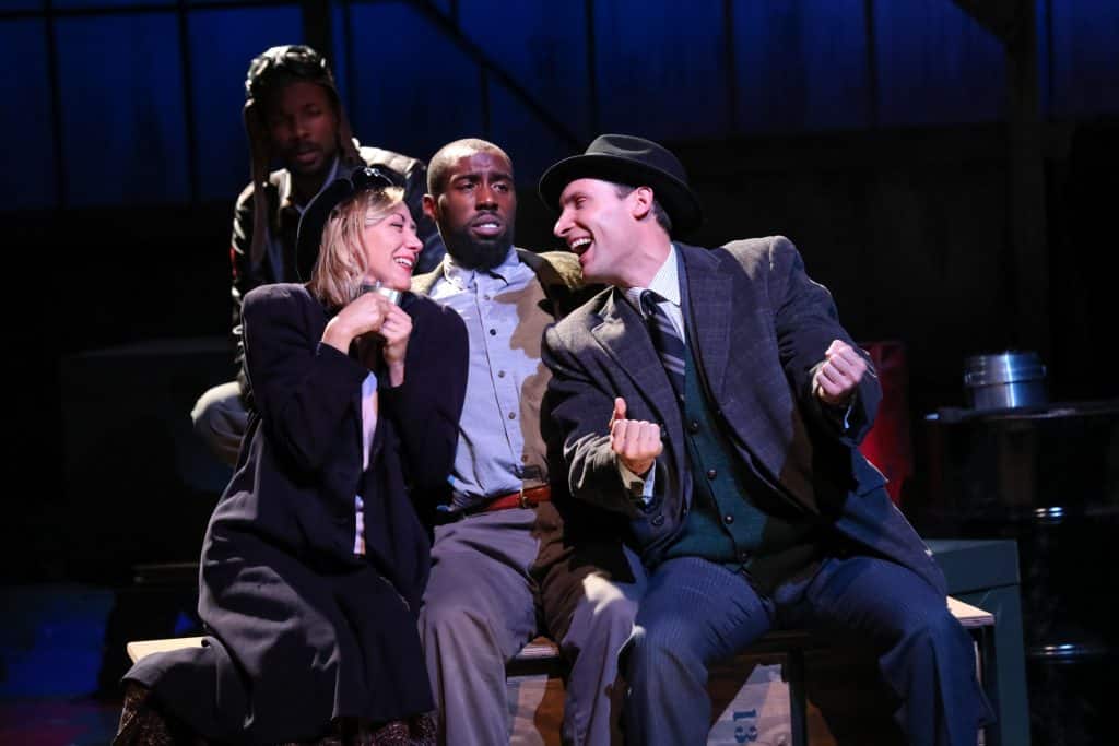 Sarah Elizabeth Keyes as Mary Dalton, Brandon Herman St. Clair Haynes as Bigger Thomas, and Adam Poole as Jan with Brandon J. Pierce as The Black Rat in Nambi E. Kelley’s “Native Son” at PlayMakers Repertory Company. (HuthPhoto)