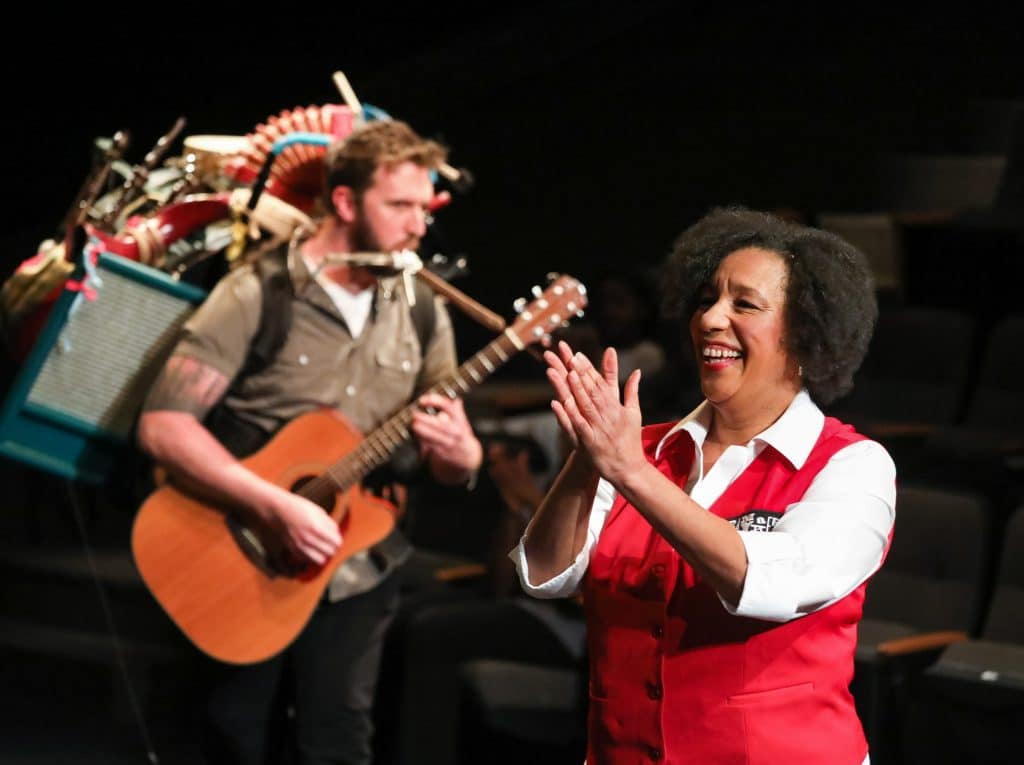 Kathryn Hunter-Williams and Dan Toot begin the show. EVERYBODY at PlayMakers. By Branden Jacobs-Jenkins. Directed by Orlando Pabotoy. HuthPhoto.