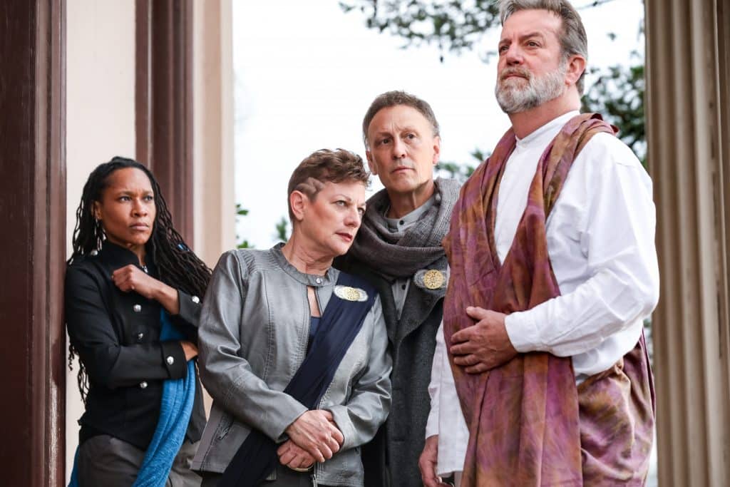 01_Tia James as Mark Antony, Lisa Wolpe as Cassius, Jeffrey Blair Cornell as Brutus, C. David Johnson as Caesar_HuthPhoto