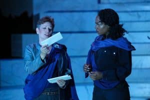 Lisa Wolpe as Cassius and April Mae Davis in Julius Caesar at PlayMakers. By William Shakespeare. Directed by Andrew Borba. HuthPhoto.