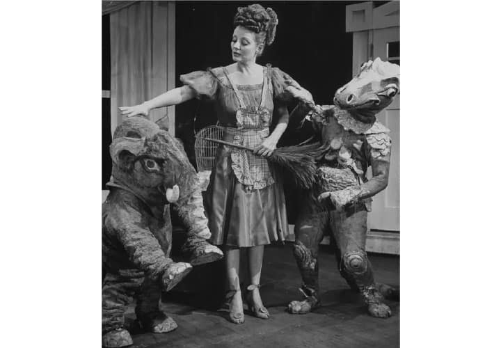Tallulah Bankhead as Sabina with pet mammoth and dinosaur in the original Broadway production of The Skin of Our Teeth, 1942.