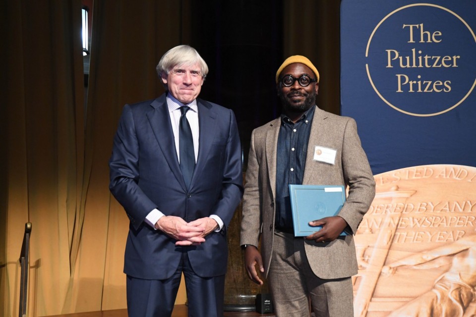 James Ijames accepted The Pulitzer Prize in 2022 from Columbia University President Lee Bollinger. - Photo credit Eileen Barroso/Columbia University
